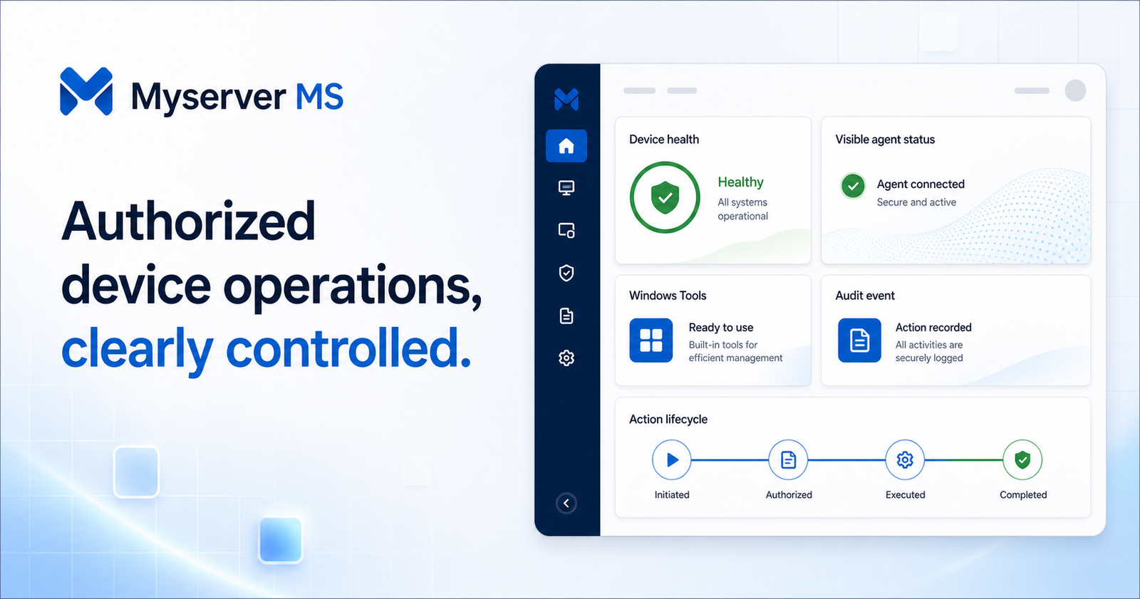 Myserver MS authorized device operations workspace showing device health, visible agent status, Windows Tools, audit events, and the initiated-to-completed action lifecycle